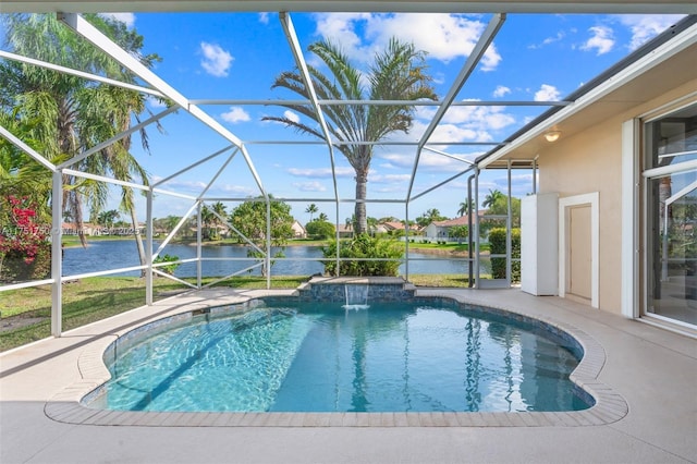 outdoor pool with a patio area, a water view, and a lanai