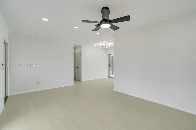 unfurnished room featuring recessed lighting, light wood-style floors, ornamental molding, a ceiling fan, and baseboards