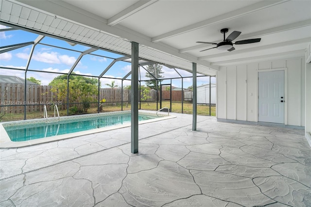 view of pool featuring a fenced in pool, a ceiling fan, a patio, a fenced backyard, and a lanai