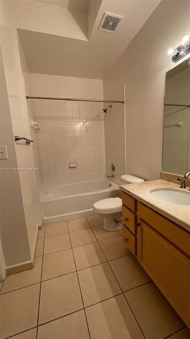 full bath featuring shower / bathtub combination, toilet, vanity, visible vents, and tile patterned floors