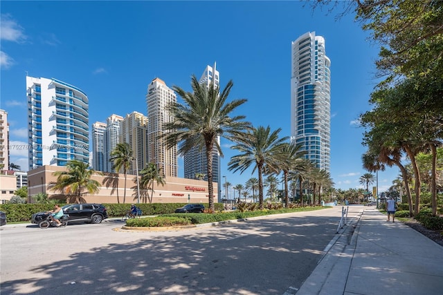 view of street with a view of city and curbs