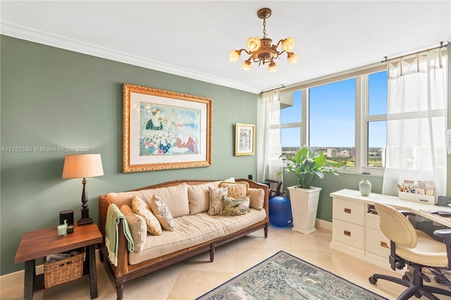 office area featuring ornamental molding, light tile patterned floors, baseboards, and an inviting chandelier