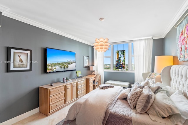 bedroom with light carpet, crown molding, and baseboards