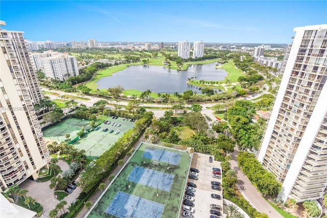 drone / aerial view with a water view and a city view