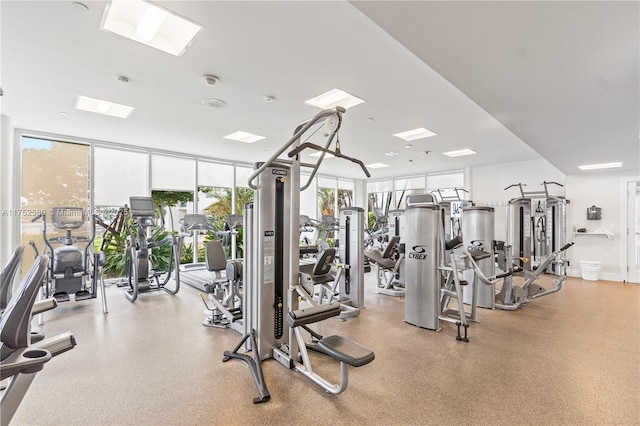 exercise room featuring baseboards and floor to ceiling windows