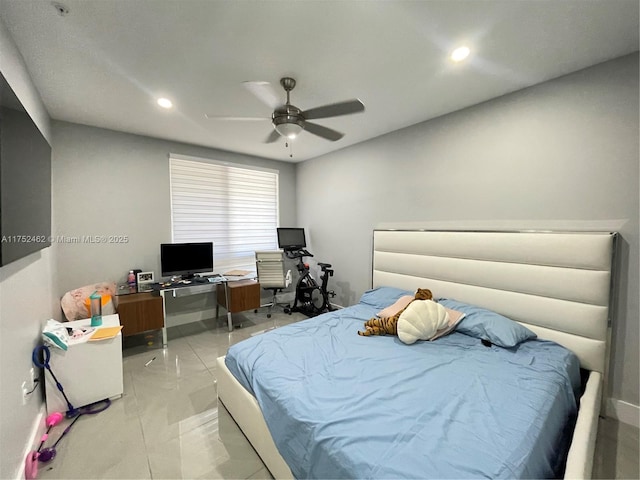 bedroom with ceiling fan and recessed lighting