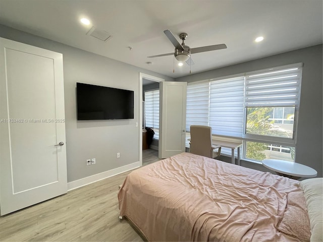 6651 NW 105th Pl Unit 6651, Doral, FL 33178 - bedroom with baseboards, light wood-style floors, recessed lighting, and ceiling fan