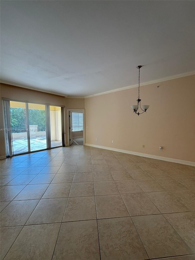 empty room featuring crown molding, baseboards, and light tile patterned floors