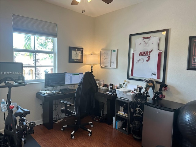 office with ceiling fan and dark wood finished floors