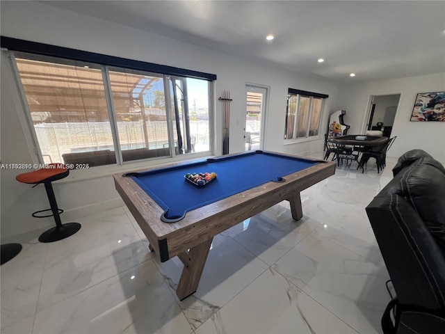 recreation room featuring recessed lighting, marble finish floor, and billiards