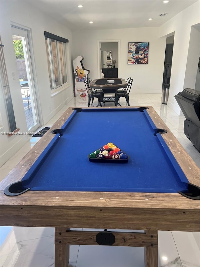 recreation room featuring marble finish floor, recessed lighting, pool table, visible vents, and baseboards