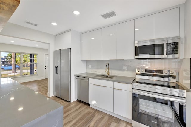 kitchen with stainless steel appliances, a sink, visible vents, white cabinets, and modern cabinets