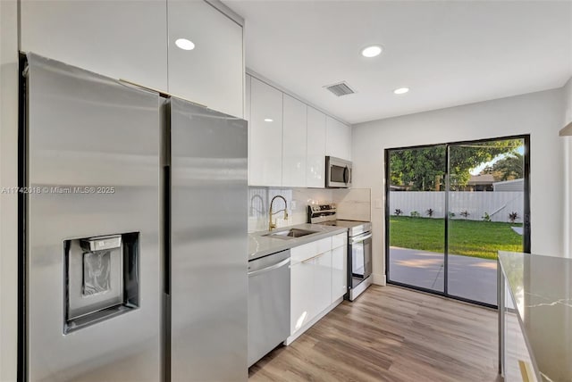 kitchen featuring visible vents, white cabinets, stainless steel appliances, light countertops, and a sink