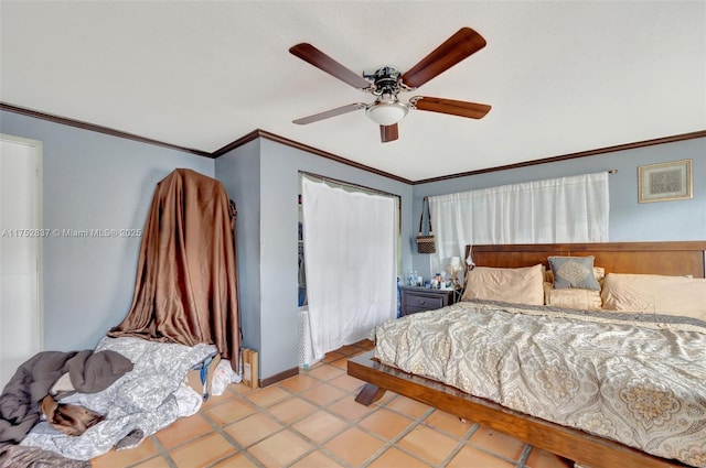 bedroom with baseboards, light tile patterned floors, a ceiling fan, and crown molding