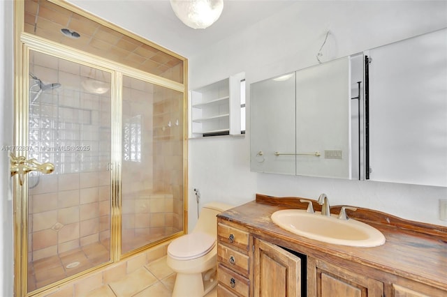 full bathroom featuring a stall shower, tile patterned flooring, vanity, and toilet