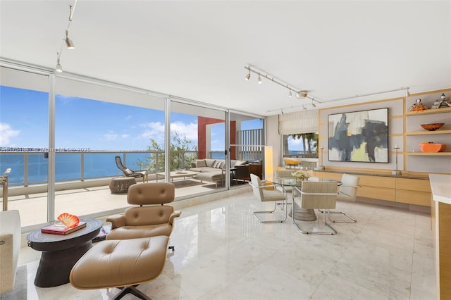 sunroom featuring a water view and rail lighting