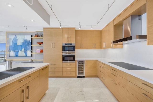 kitchen with black electric stovetop, wine cooler, open shelves, wall chimney range hood, and light brown cabinetry