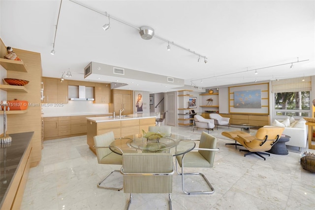 living area featuring visible vents and track lighting