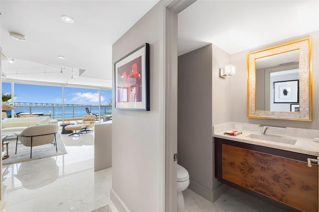 bathroom with toilet, vanity, baseboards, marble finish floor, and a wall of windows