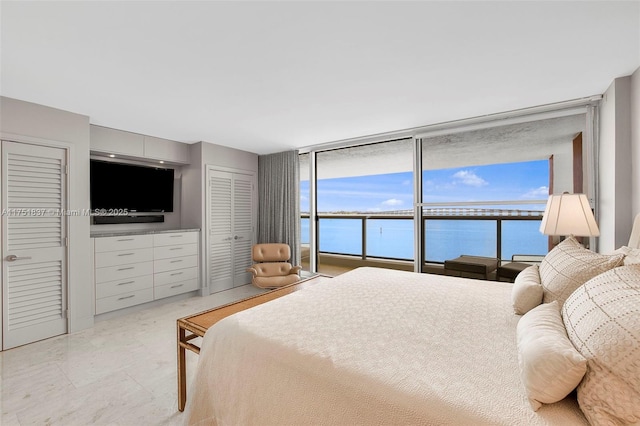 bedroom with floor to ceiling windows and multiple closets