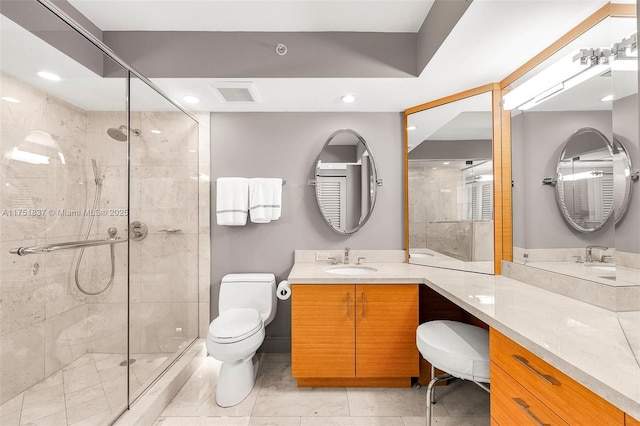 full bathroom with toilet, a shower stall, and visible vents