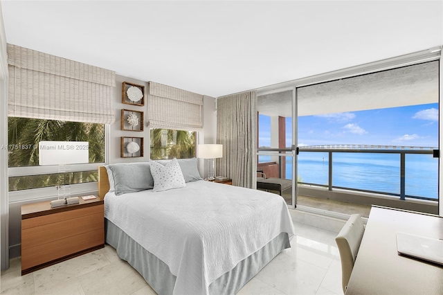 bedroom featuring a water view