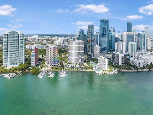 bird's eye view with a water view and a city view