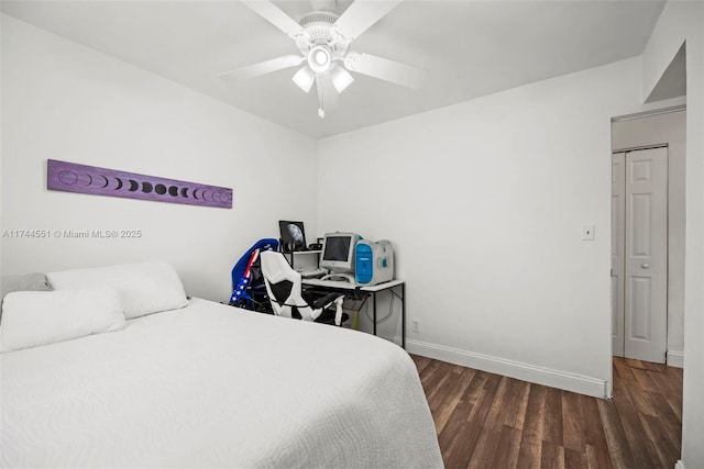 5801 NE 3rd Ave, Oakland Park, FL 33334 - bedroom featuring dark wood-style floors, ceiling fan, and baseboards
