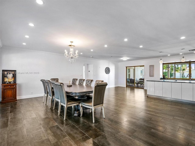 dining area with ornamental molding, dark wood finished floors, and recessed lighting