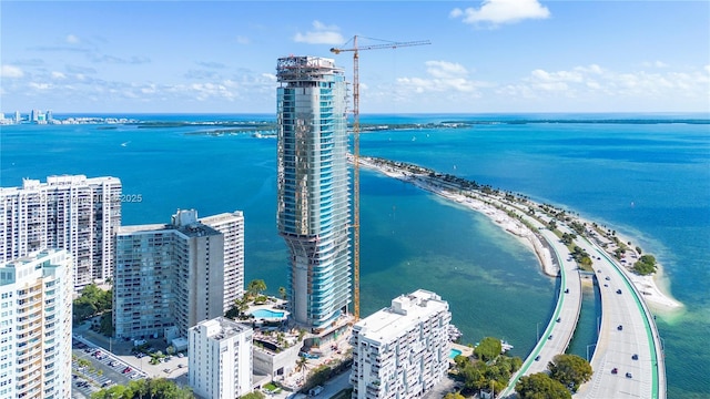 aerial view with a view of city and a water view