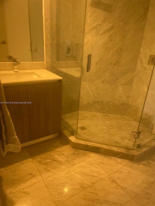 bathroom featuring a shower stall and vanity