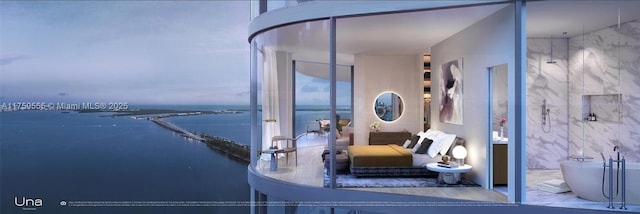 interior space featuring a water view