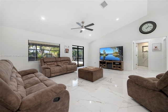 living room with marble finish floor, visible vents, a ceiling fan, and recessed lighting