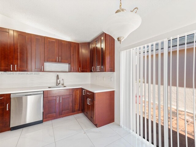 12344 SW 144th Ter, Miami, FL 33186 - kitchen featuring stainless steel dishwasher, a sink, light countertops, decorative backsplash, and light tile patterned floors