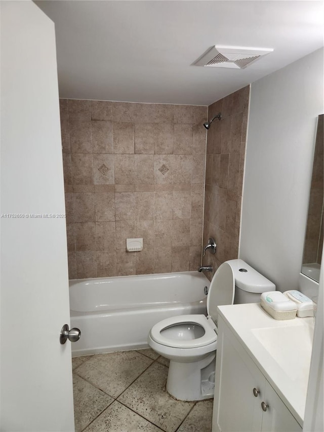 full bathroom with toilet, visible vents,  shower combination, and vanity