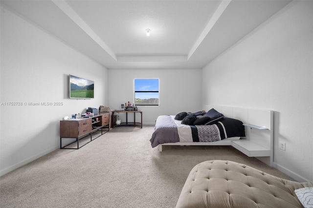 bedroom with carpet floors, a tray ceiling, and baseboards