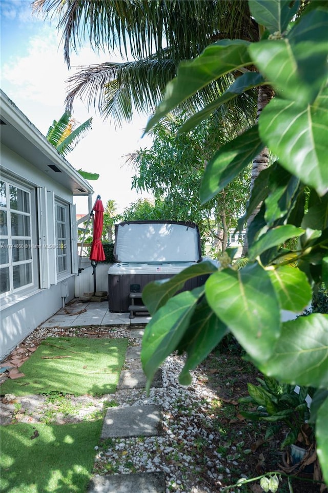 view of yard featuring a patio and a hot tub