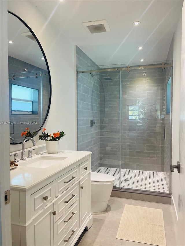 full bath with recessed lighting, visible vents, toilet, vanity, and a shower stall