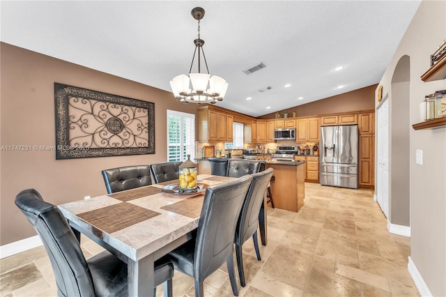 dining room with lofted ceiling, recessed lighting, visible vents, a chandelier, and baseboards