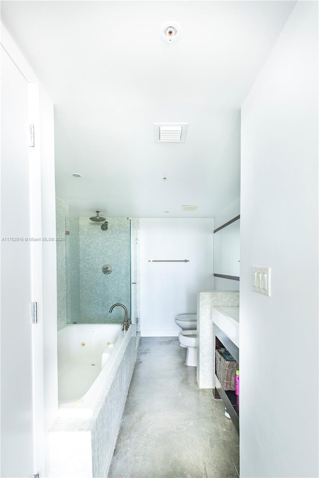 bathroom with visible vents, toilet, a tub with jets, vanity, and a bidet