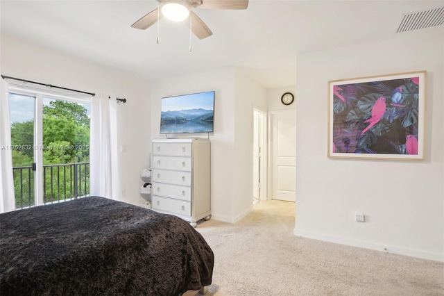 bedroom featuring ceiling fan, light carpet, visible vents, baseboards, and access to exterior