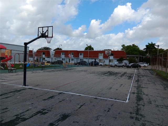 view of basketball court with community basketball court and fence