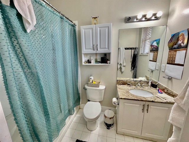 bathroom featuring tile patterned flooring, toilet, vanity, baseboards, and a shower with curtain