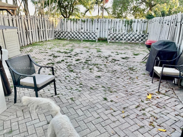 view of patio / terrace featuring a fenced backyard and grilling area