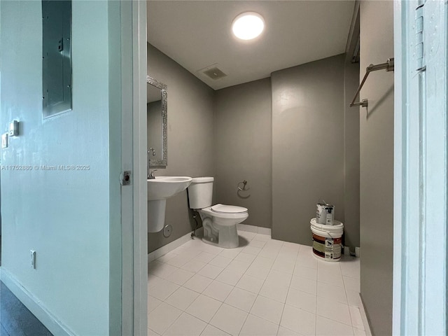 half bathroom featuring electric panel, visible vents, toilet, tile patterned flooring, and a bidet