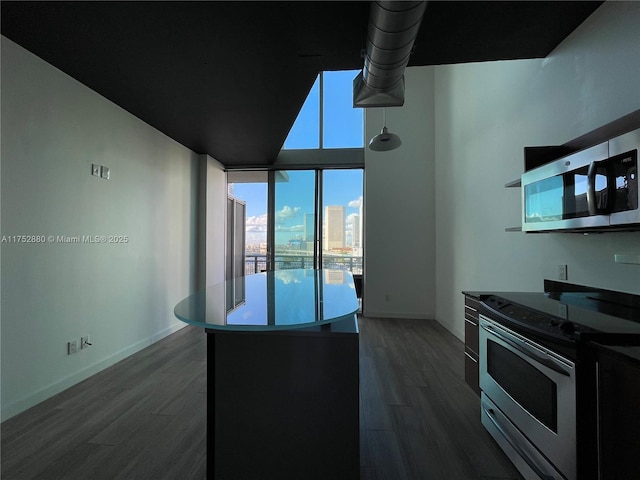 kitchen featuring stainless steel appliances, a city view, baseboards, and dark wood-style floors