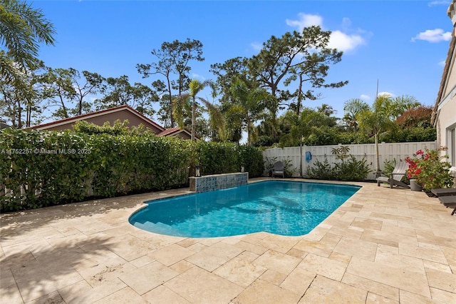 view of pool featuring a fenced in pool, a fenced backyard, and a patio