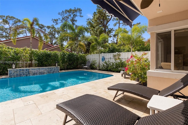 view of swimming pool featuring a fenced in pool, a patio area, and a fenced backyard