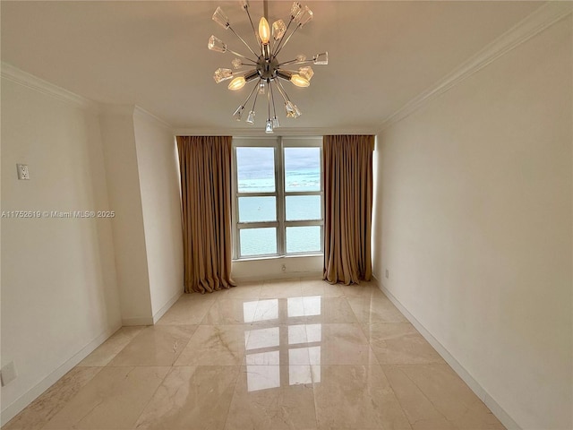 empty room featuring marble finish floor, baseboards, a chandelier, and ornamental molding