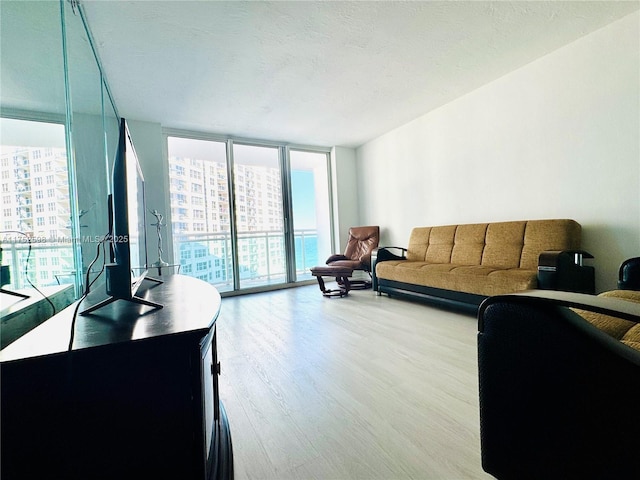 living room featuring light wood finished floors, expansive windows, and a textured ceiling